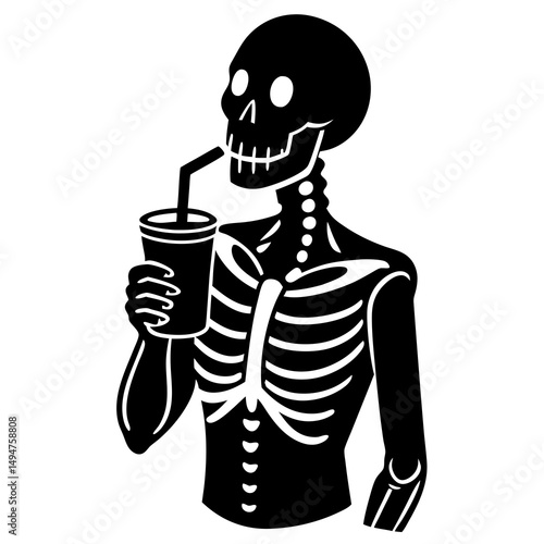 Skeleton drinking bubble tea silhouette vector illustration