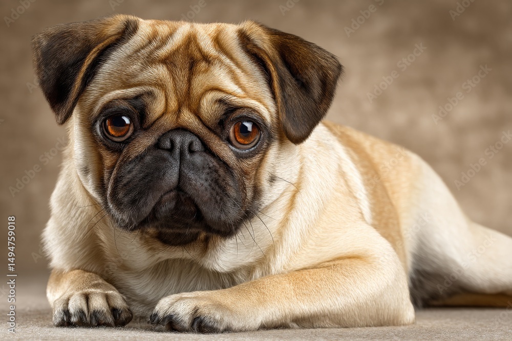 Fototapeta premium Pug resting with expressive eyes on a neutral background in a cozy indoor setting at sunset