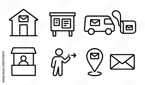 Mail and delivery outline icons set – line, postal, communication graphics