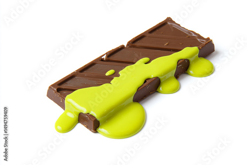 a chocolate bar with a green liquid pouring down it