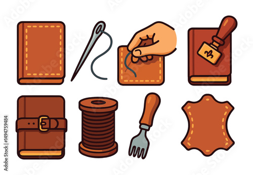 Handmade leatherwork icons set – flat, crafting, sewing symbols