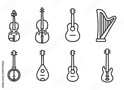 Musical instruments outline icons set – silhouette, stringed, orchestral elements