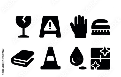 Safety and cleaning solid icons set – filled, hygiene, caution symbols
