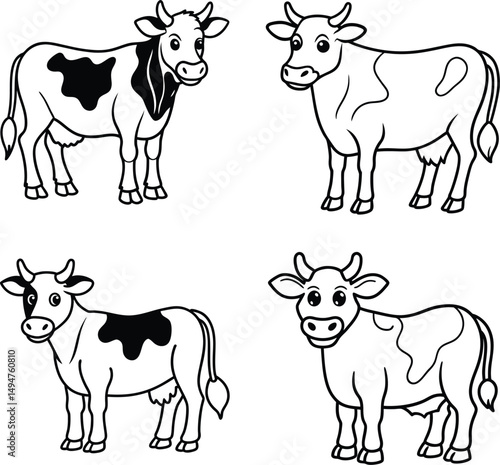 Black and White Cartoon Cow Set. Farm Animal Line Art Clipart for Coloring Pages, Kids Projects, Educational Crafts, and Stickers