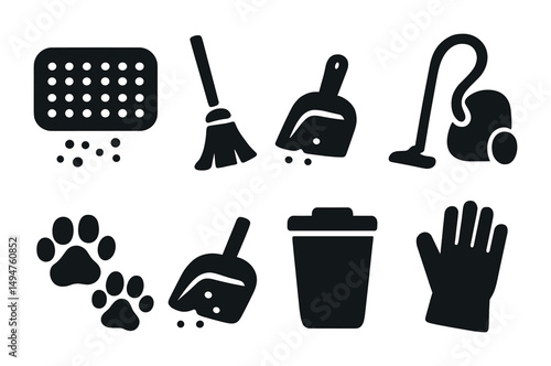 Cleaning and chores silhouette icons set – solid, household and sanitation symbols