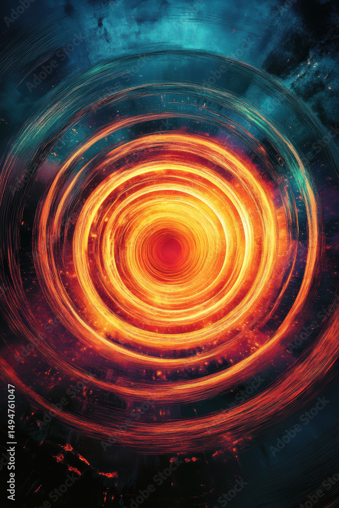 Obraz premium Vibrant abstract spiral pattern with fiery glowing s radiating from the center in a cosmic space background with luminous effects and dynamic movement