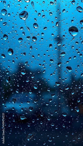Blue  toned glass covered with numerous water droplets, blurry background hinting at an outdoor rainy scene. 