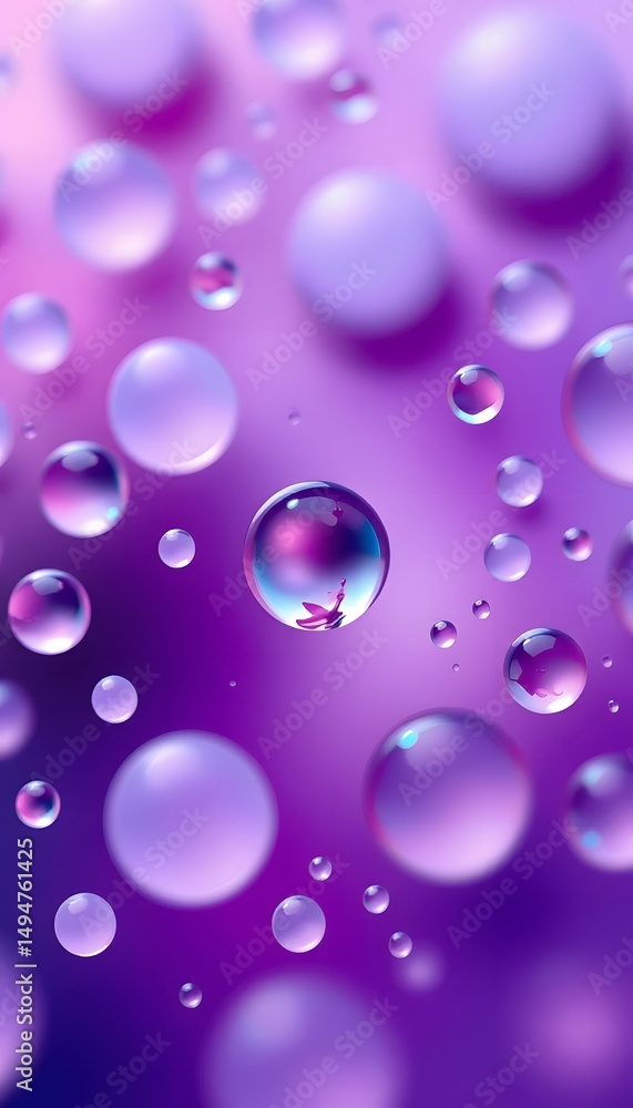 A soft hued image with various sizes of translucent water droplets on a purple toned background. A soft hued image with various sizes of translucent water droplets on a purple toned background.