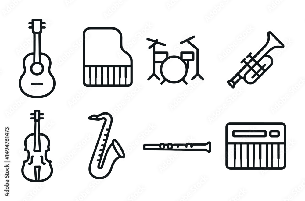 Musical instruments icons set – outline, linear, orchestra and band symbols collection Musical instruments icons set – outline, linear, orchestra and band symbols collection