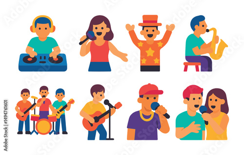 Music and band flat icons set – performance, concert, instrumental symbols