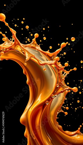 A dynamic splash of golden  orange liquid against a stark black background, showcasing fluid motion. 