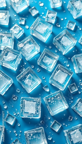 Numerous clear ice cubes with bubbles lie on a vibrant blue surface, some with water droplets around. 