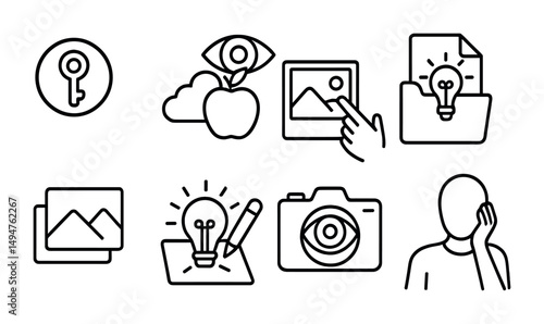 Content creation outline icons set – photography, graphic design, creative symbols