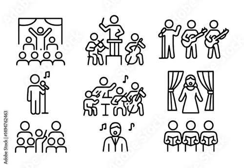 Music and concert outline icons set – band, orchestra, performance symbols