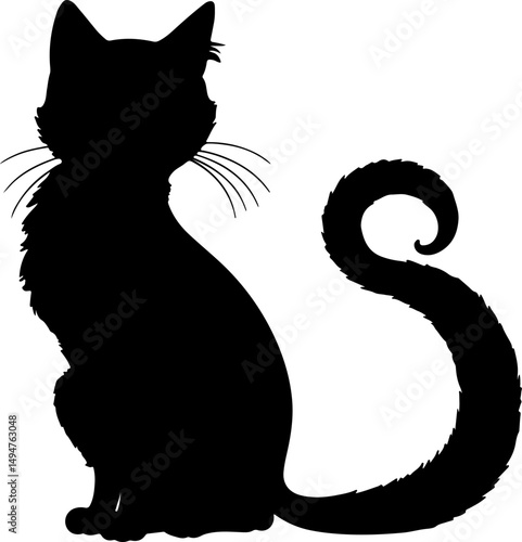 The image is a solid black silhouette of a cartoon cat sitting upright, depicted with pointy ears, whiskers, and a long, fluffy tail that curls upwards in a playful manner.