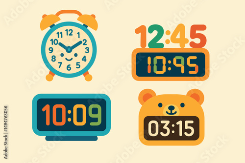 Clocks and time flat icons set – colorful, digital, alarm and watch symbols