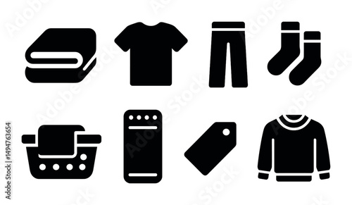 Clothing and laundry solid icons set – filled, apparel, fashion design symbols