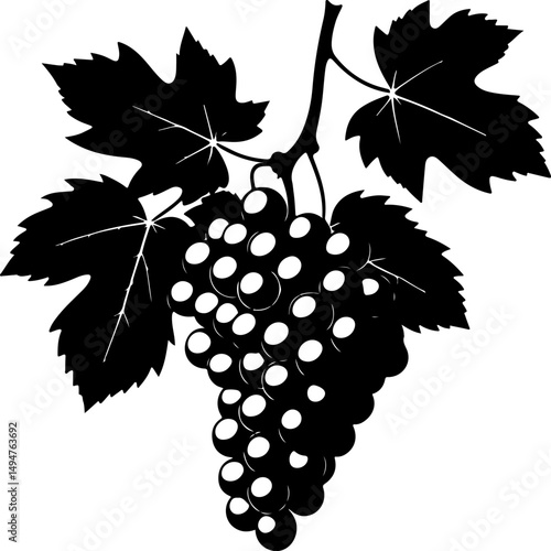 The image features a black silhouette of a cluster of grapes hanging from a vine, complete with prominent leaves and a winding tendril, suggesting a natural and abundant harvest.
