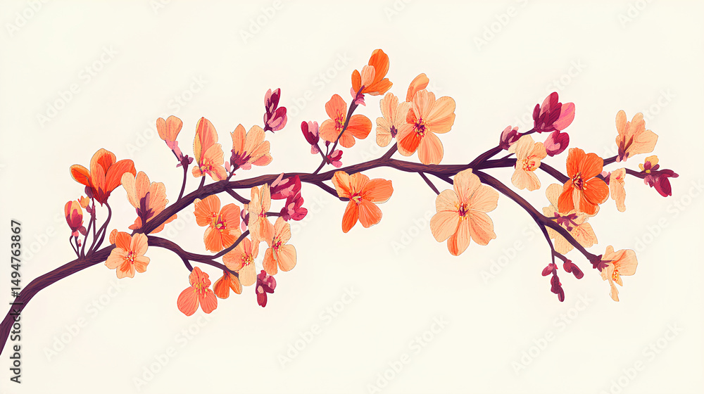 Fototapeta premium A floral branch with a mix of pink and orange wild flowers.