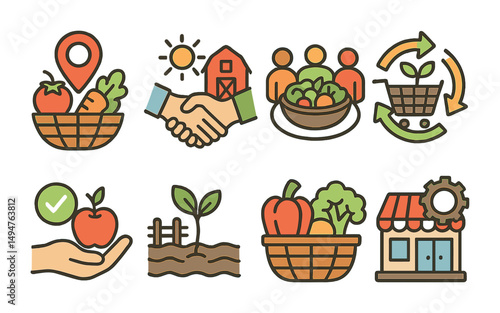 Agriculture and farming icons set – flat, outline, harvest and sustainability visuals