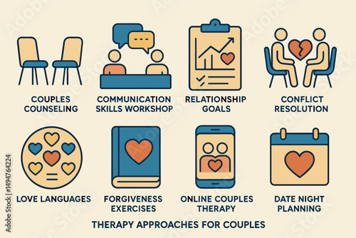 Couples counseling outline icons set – communication, relationship, therapy symbols