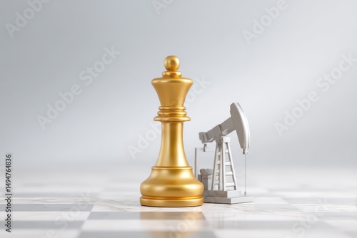 A golden chess piece resembling an oil rig is placed on a global map symbolizing the strategic role of energy resources and their geopolitical implications in the modern world