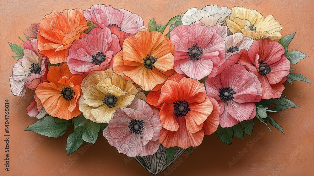 Obraz premium Heart-shaped bouquet of colorful poppies