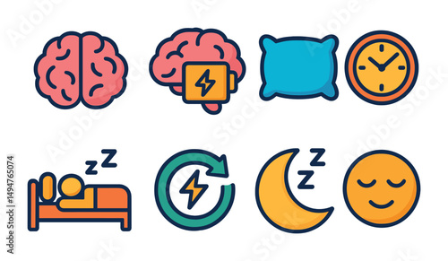 Sleep and energy recharge icons - brain, pillow, clock, and moon symbols