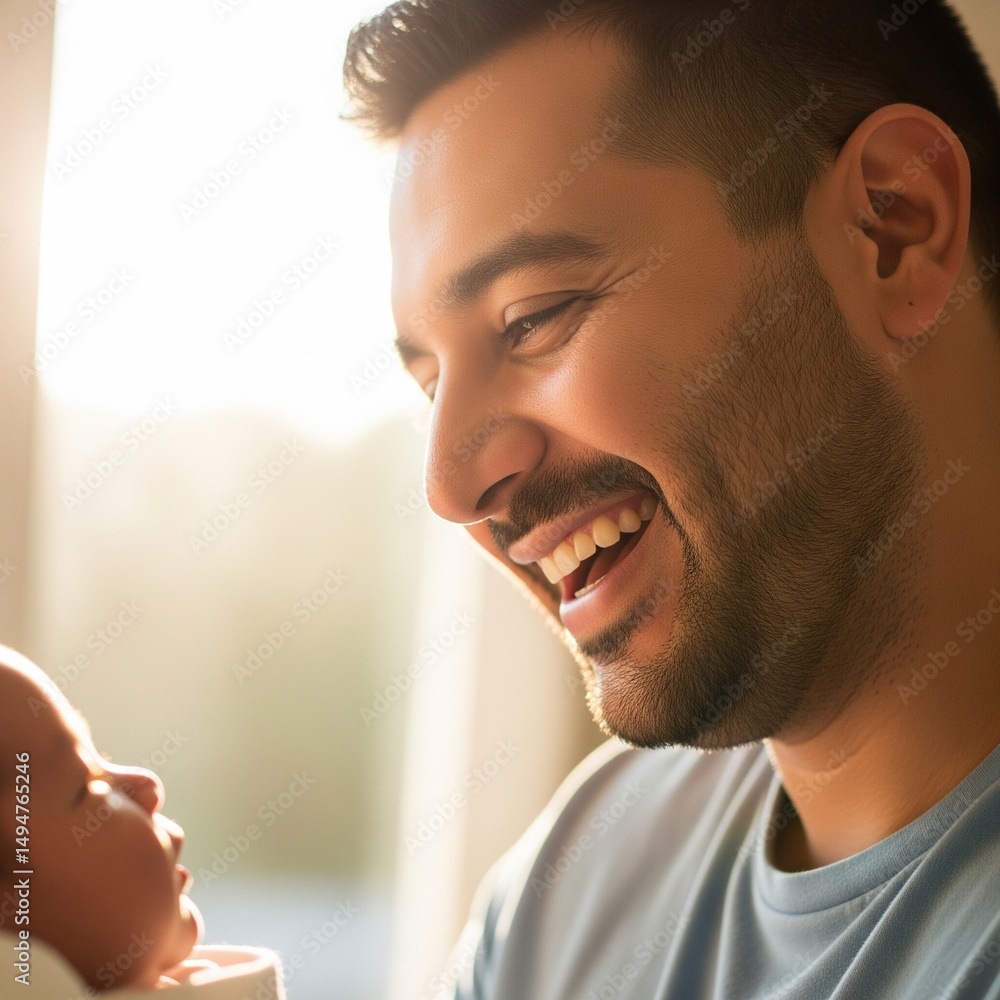 Obraz premium close up of dad holding and watching his new born baby full of love and happiness and wonder