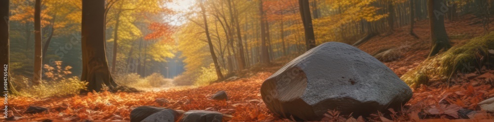 A lone rock amidst fiery autumn leaves, sunlight dappling the forest floor , orange, woods A lone rock amidst fiery autumn leaves, sunlight dappling the forest floor , orange, woods