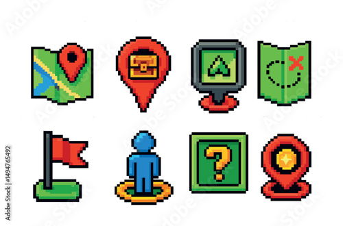 Treasure hunt pixel art icons set – map, adventure, location symbols