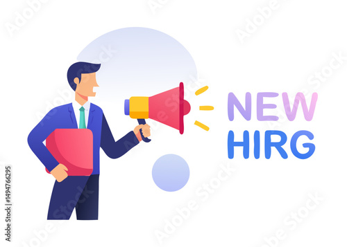 Hiring and recruitment process. Character holding megaphone and looking for new employee. Job searching, interview, human resources concept. Vector illustration