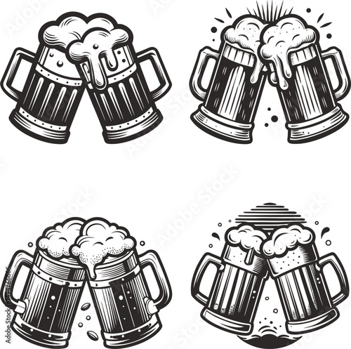 Cheers to beer mugs clinking together foam bubbles frothy drinks festive designs, Four illustrations of beer steins clinking together in a celebratory toast
