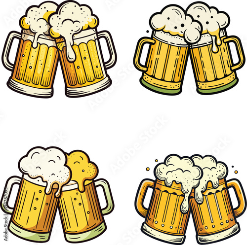 Illustrations of beer mugs clinking together frothy beer inside mugs, A collection of illustrations showing beer mugs filled with beer and foam