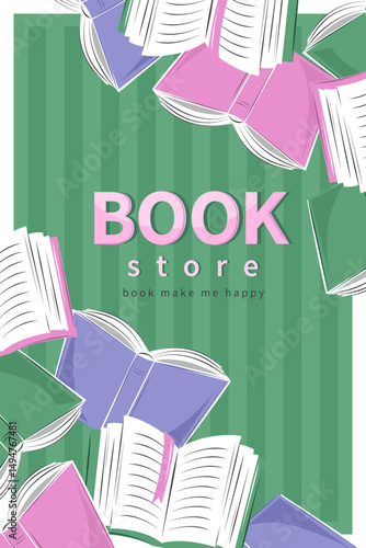 Design banner for Book festival, bookstore or market, library, shop. Lots of books. Vector illustration for poster, cover, sale, marketing.