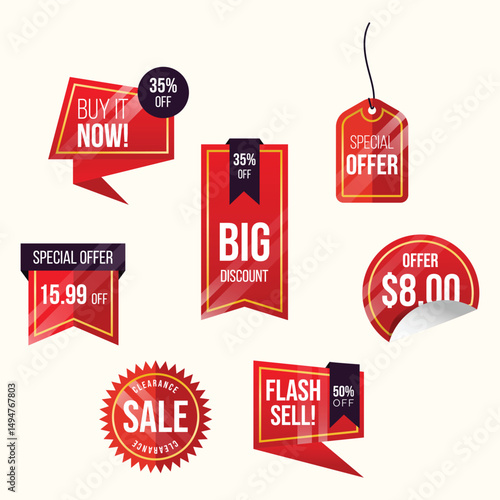 Set of labels in various shapes for promotional purposes. Set of sale badges, quality tags, and labels. Template banners for shopping promotions, including special offers, sales, discounts.
