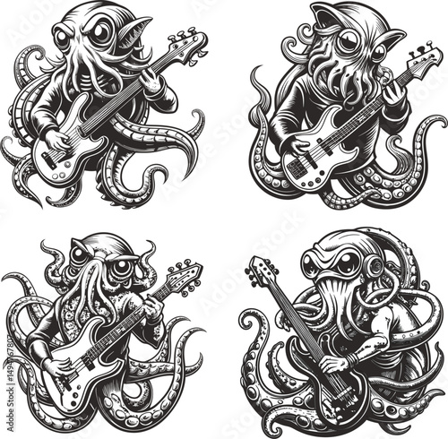 Four octopuses playing bass guitars rock band illustration, A monochrome illustration of four anthropomorphic octopuses playing bass guitars