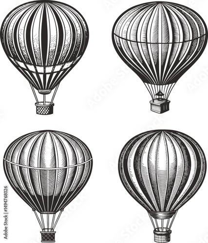 Vintage hot air balloons illustrated in black and white a classic design for travel and adventure, A collection of four vintage hot air balloon illustrations in a monochrome style