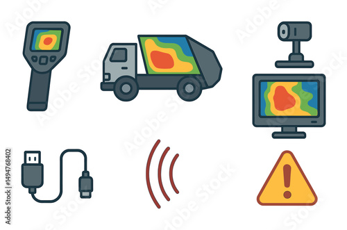 Thermal scanning flat icons set – heat detection, technology symbols