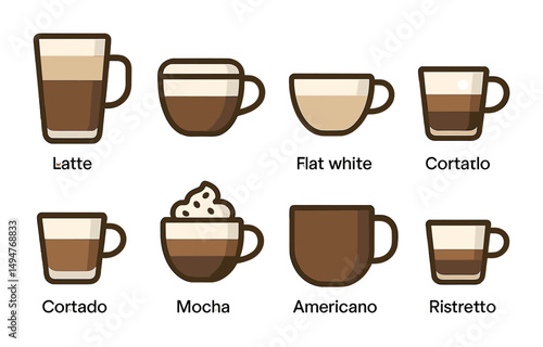 Coffee drinks outline icons set – flat, filled, beverage and cafe symbols