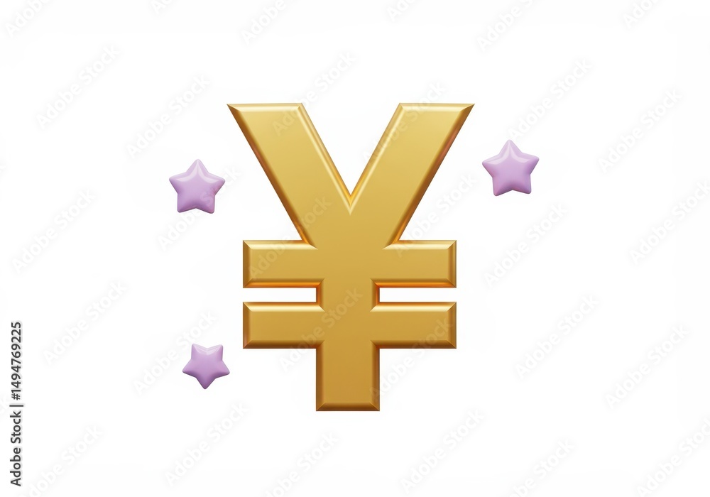 Obraz premium 3D Illustration of Golden yen symbol with purple stars isolated on white background