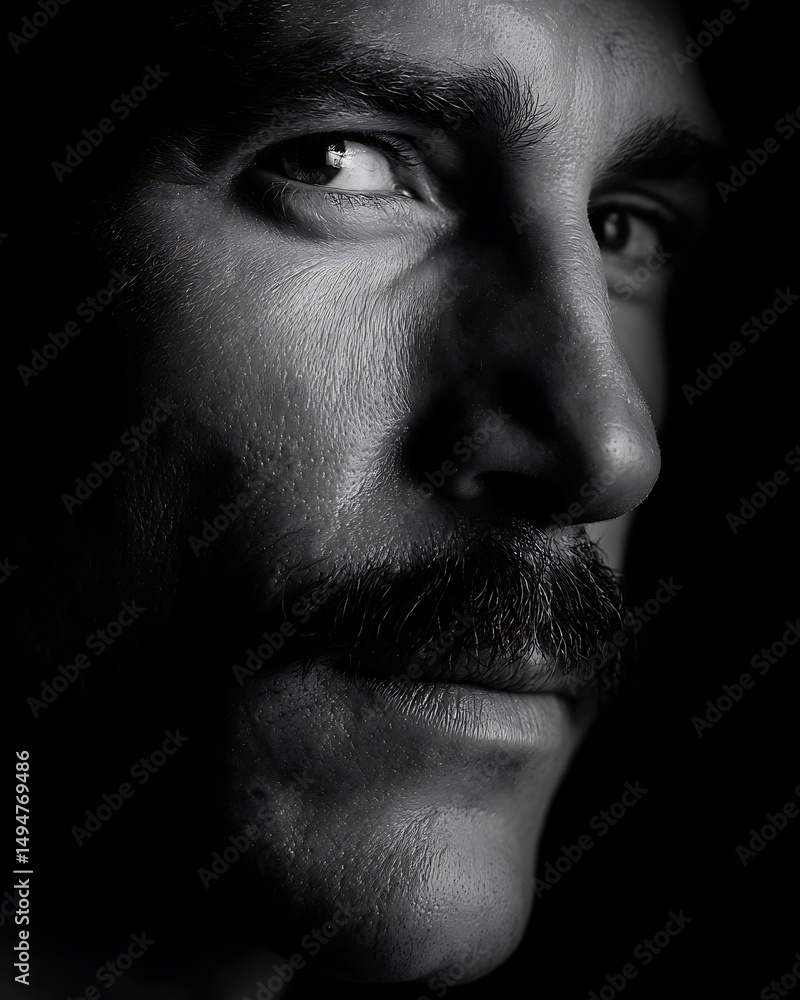 Black and White Portrait with Mustache Focus Black and White Portrait with Mustache Focus