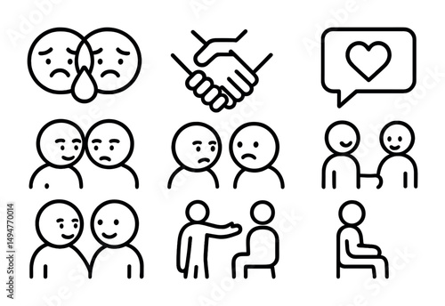 Emotional support outline icons set – empathy, communication, mental health symbols