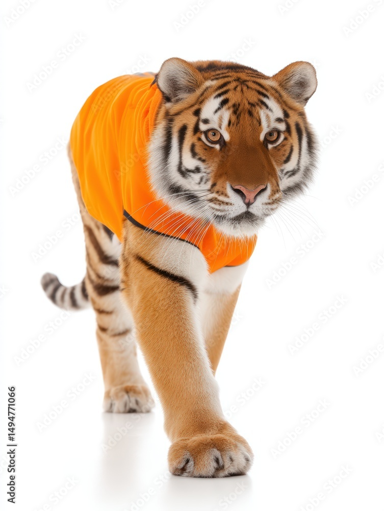 Obraz premium Visually striking , photorealistic of a tiger wearing a jacket, isolated on white background,
