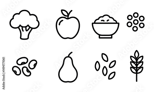 Healthy food outline icons set – simple, linear, fruit and vegetable graphics