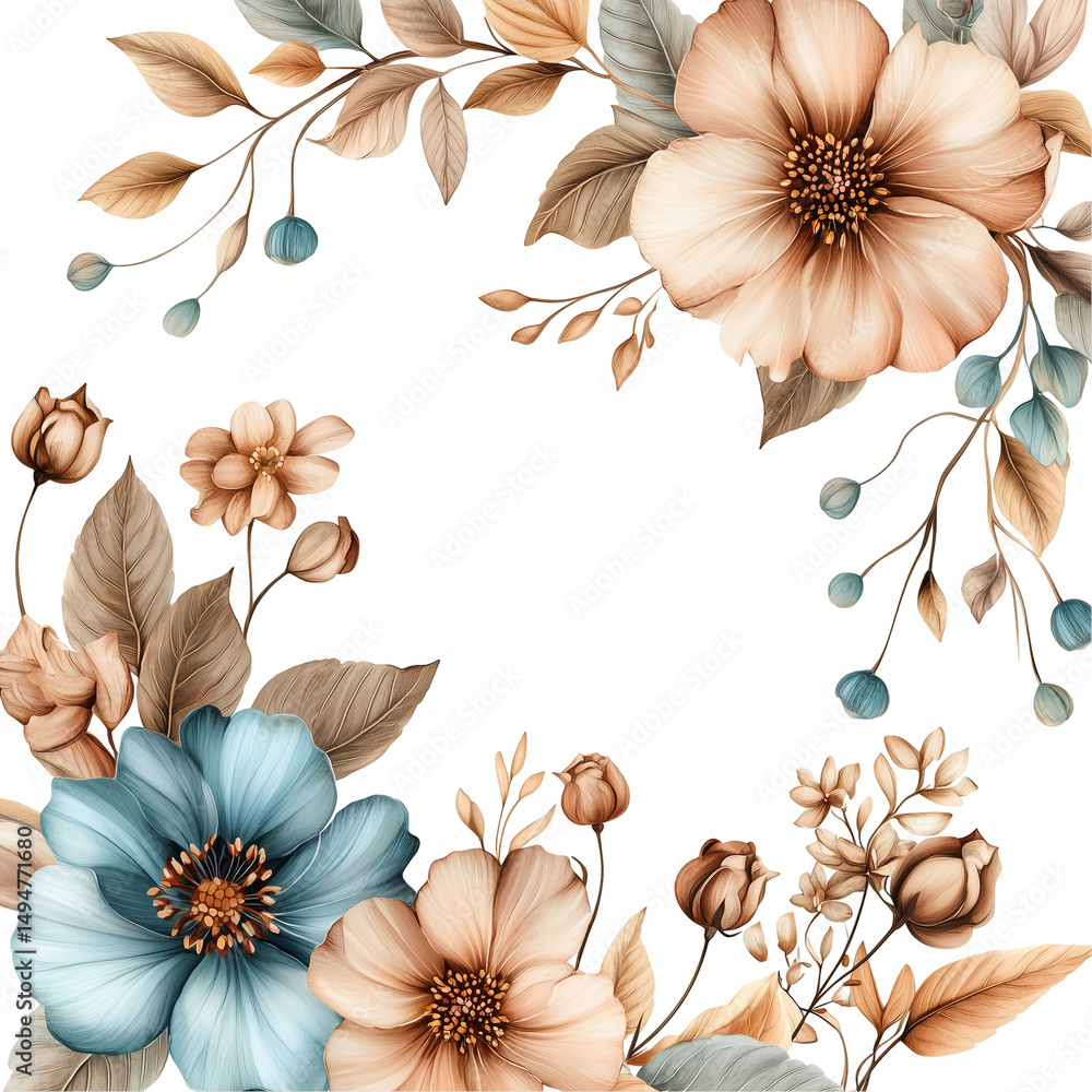Obraz premium Floral frame with watercolor flowers for wedding invitations and cards art isolated on transparent background 