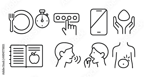 Nutrition and health outline icons set – minimalist, dietary and wellness symbols