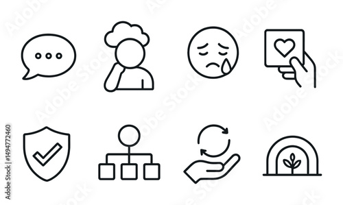 Mental health icons set – line, outline, wellbeing and emotional support symbols