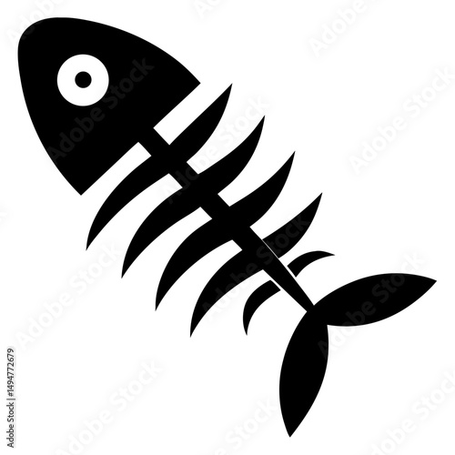 a black fish skeleton or fishbone silhouette with a simple white eye.