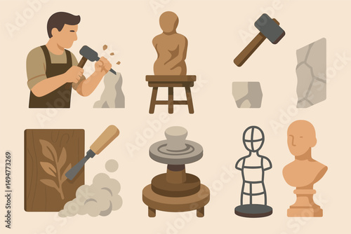 Sculpture and craft icons set – flat, solid, artistic and creative tools